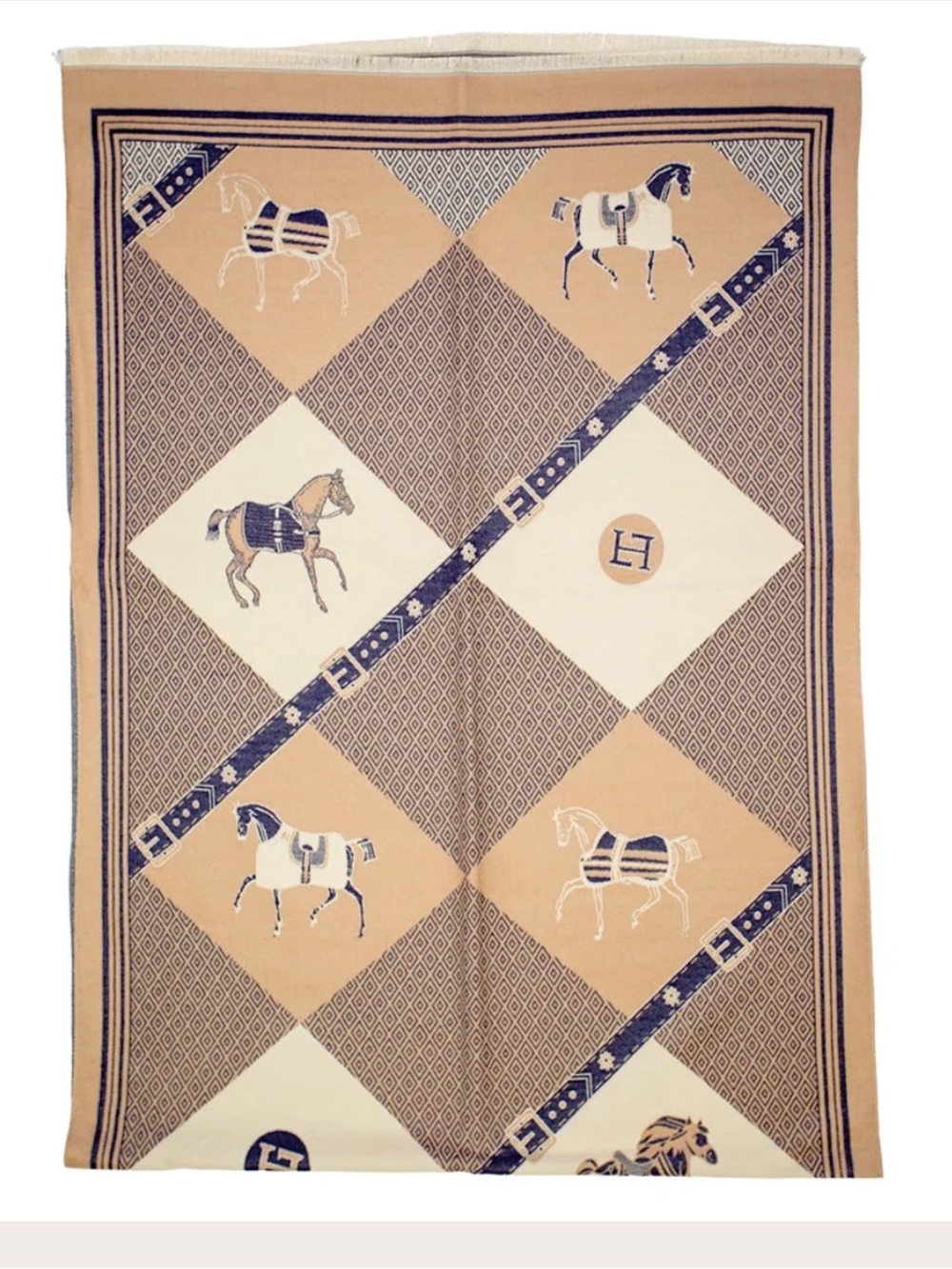 Lexington Classic Saratoga Equestrian Horse Old Money Wrap Scarf Tan & Navy